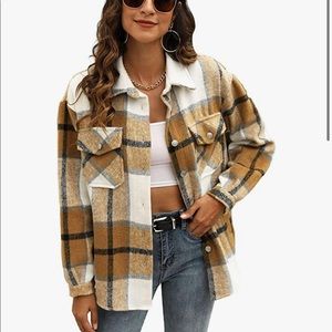 Tan Shacket - Casual Button Down Wool Blend Long Sleeve Shirt